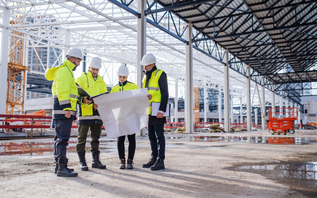 Group Of Engineers With Blueprints Standing On Construction Site